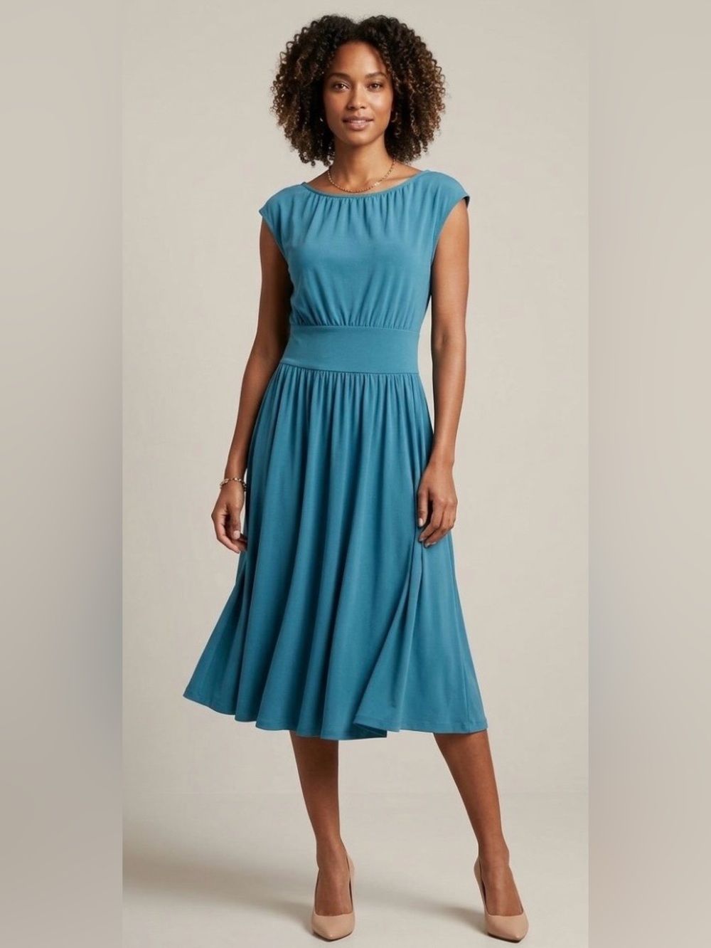 Cap-Sleeve Teal Blue/Green Fit & Flare Midi Dress with Fitted Elastic Waist